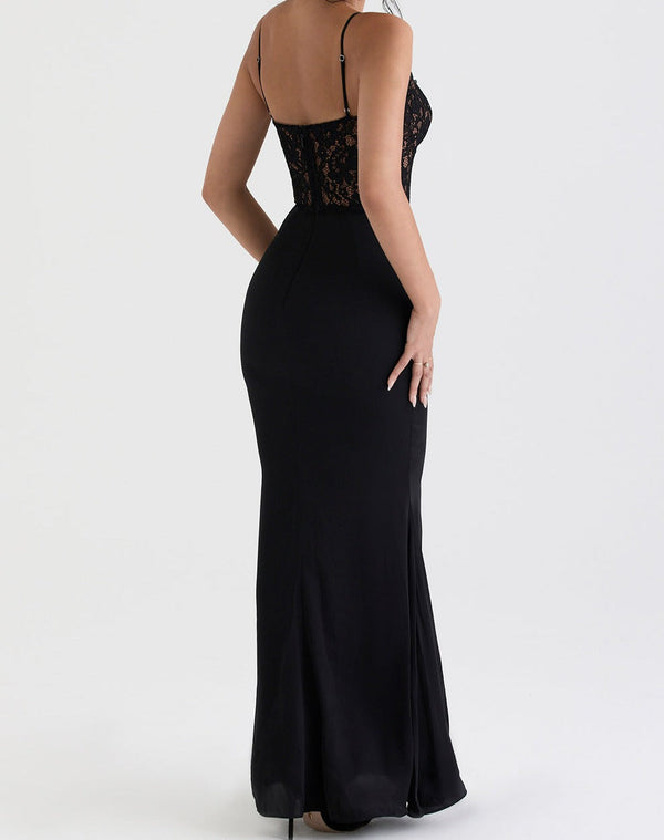 Robe maxi avec bustier en dentelle - élégante robe de soirée noire pour femmes