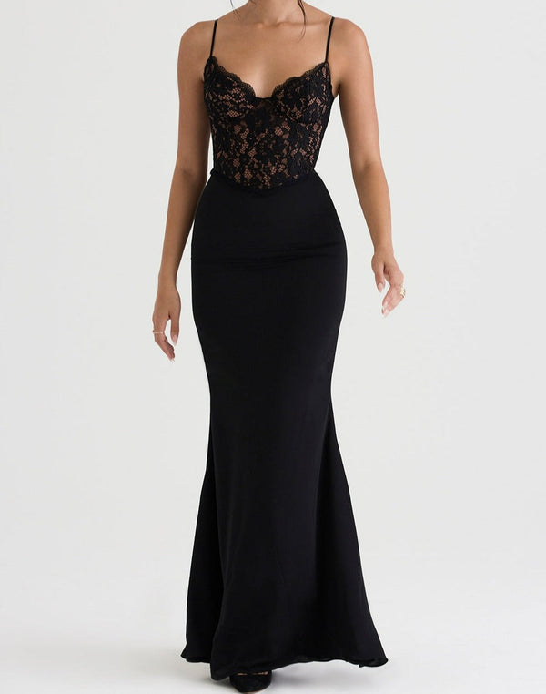Robe maxi avec bustier en dentelle - élégante robe de soirée noire pour femmes