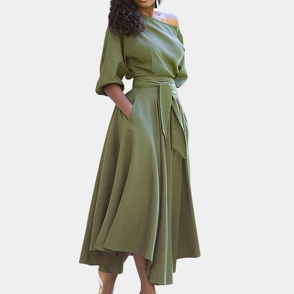 Robe midi à épaules dénudées - robe longue sophistiquée avec ceinture