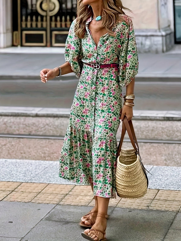 Robe midi à fleurs - élégante robe verte pour femmes