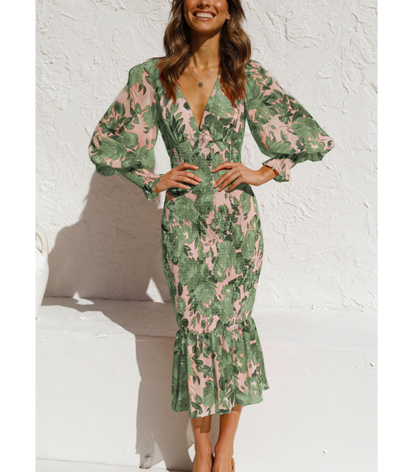 Robe midi à imprimé floral vert olive - élégante robe à col en v pour femmes