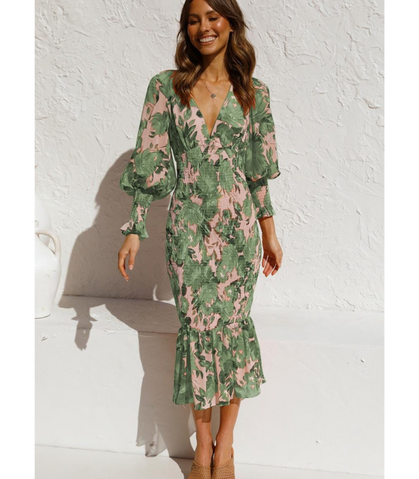 Robe midi à imprimé floral vert olive - élégante robe à col en v pour femmes