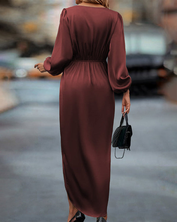 Robe midi chic - robe bordeaux à manches ballon pour femmes