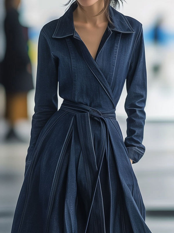 Robe midi en denim - élégant manteau ceinturé bleu foncé pour femmes