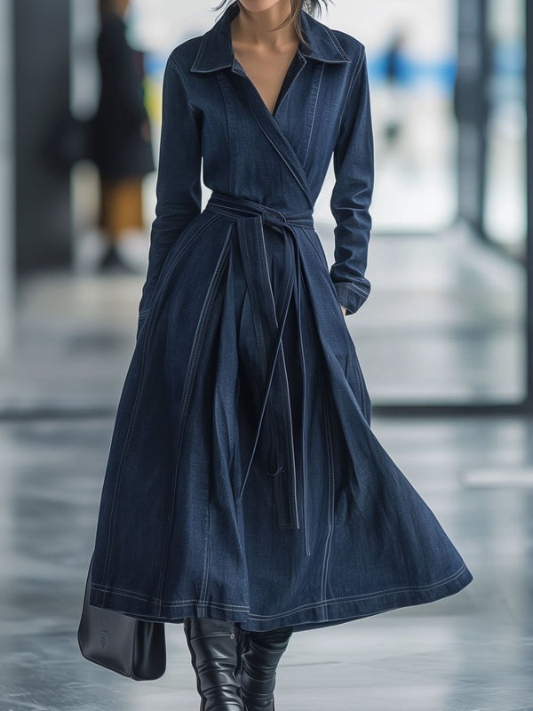 Robe midi en denim - élégant manteau ceinturé bleu foncé pour femmes