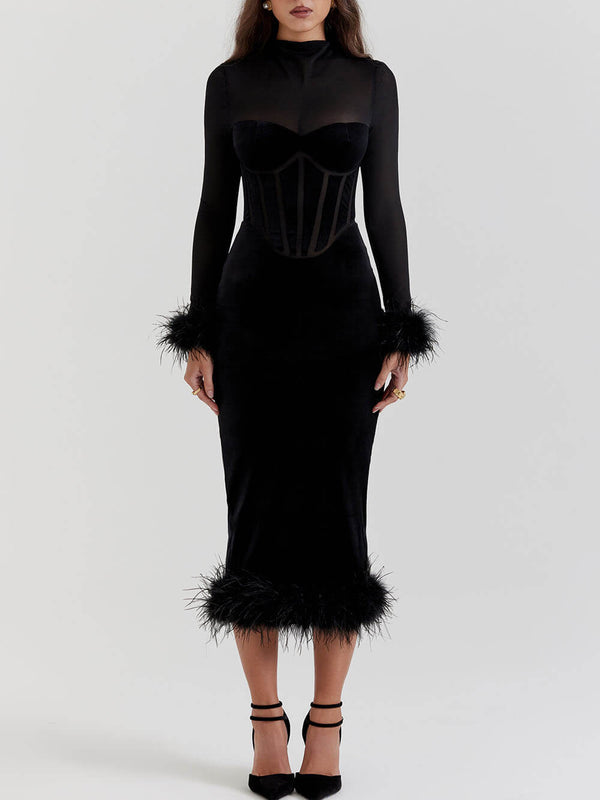 Robe midi en velours noir - élégante robe féminine avec détails en plumes
