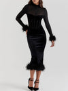 Robe midi en velours noir - élégante robe féminine avec détails en plumes