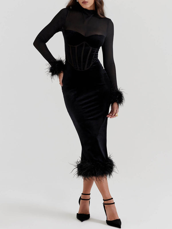 Robe midi en velours noir - élégante robe féminine avec détails en plumes