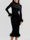 Robe midi en velours noir - élégante robe féminine avec détails en plumes