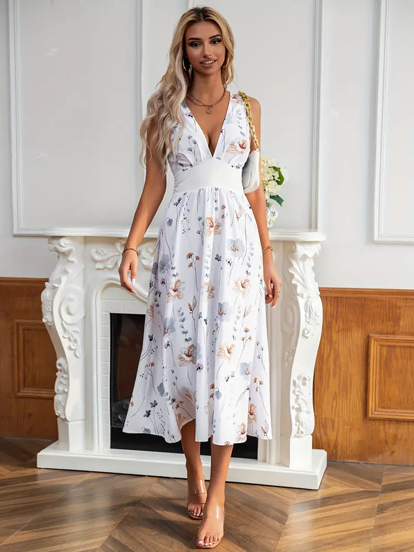 Robe midi fleurie d'été - robe blanche pour femmes
