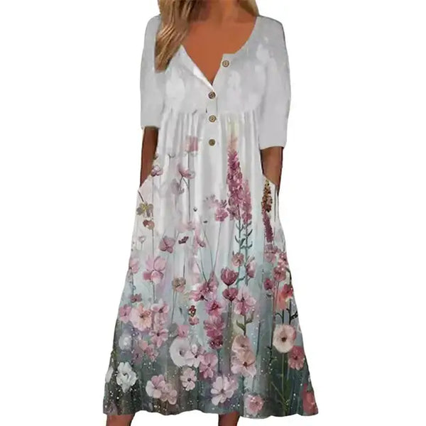 Robe midi fleurie - robe élégante à boutons avec poches pour femmes