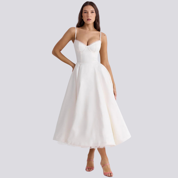 Robe midi florale - robe féminine à imprimé botanique avec corsage ajusté
