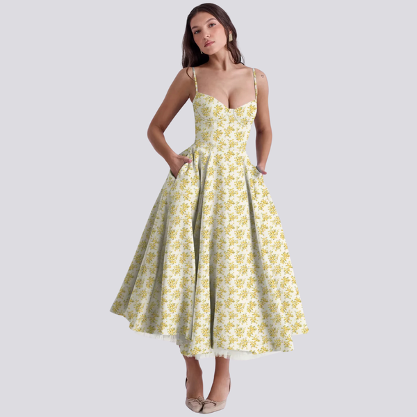 Robe midi florale - robe féminine à imprimé botanique avec corsage ajusté