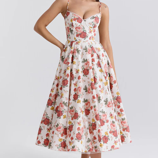 Robe midi florale - robe féminine à imprimé botanique avec corsage ajusté