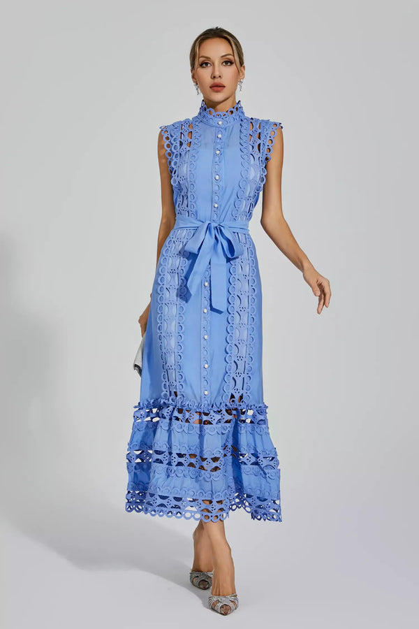 Robe midi gracieuse - robe bleu clair pour femmes avec de délicates accents en dentelle