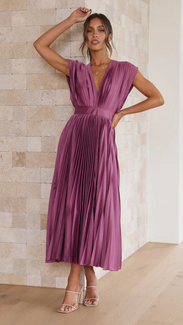 Robe midi plissée - élégante robe à décolleté en v pour femme