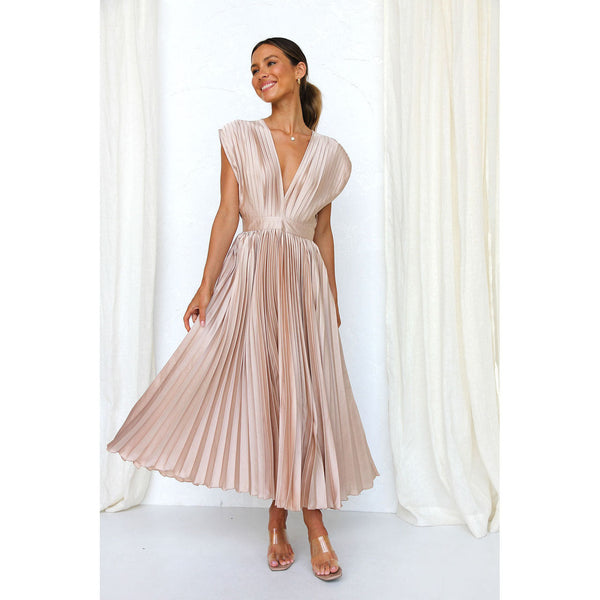 Robe midi plissée - élégante robe à décolleté en v pour femme