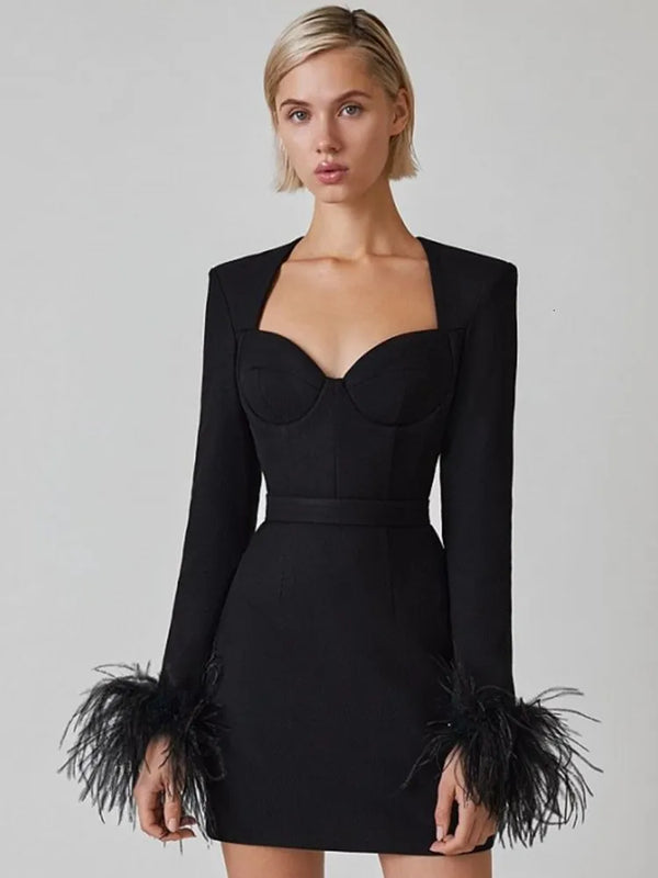 Robe mini ajustée - robe à manches longues avec détails en plumes