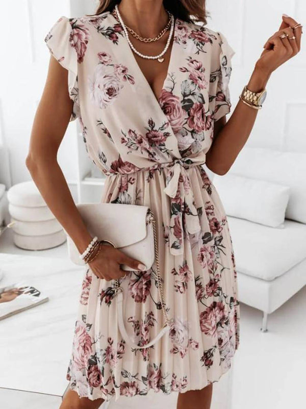 Robe portefeuille fleuri - élégante robe plissée avec décolleté en v