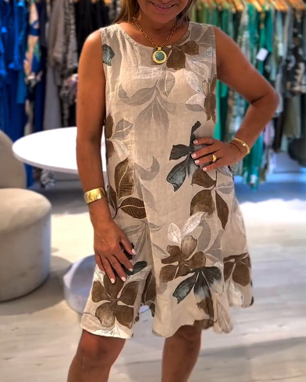 Robe sans manches à col rond avec imprimé feuilles enchanteur - robe femme kaki