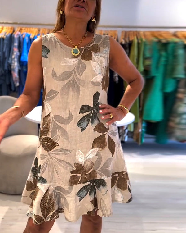 Robe sans manches à col rond avec imprimé feuilles enchanteur - robe femme kaki