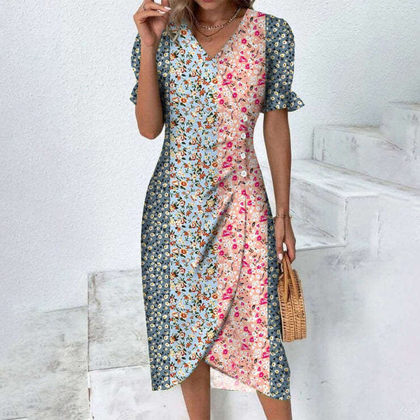 Robe portefeuille femme à motifs floraux en tissu léger - tenue estivale élégante pour les garden-parties et les brunchs