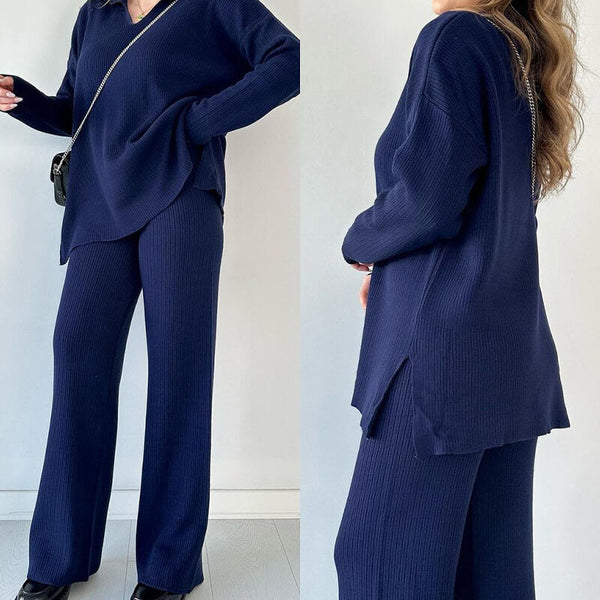 Ensemble de détente 2 pièces : pull en côtes et pantalon pour femmes - pour les sorties décontractées et la relaxation