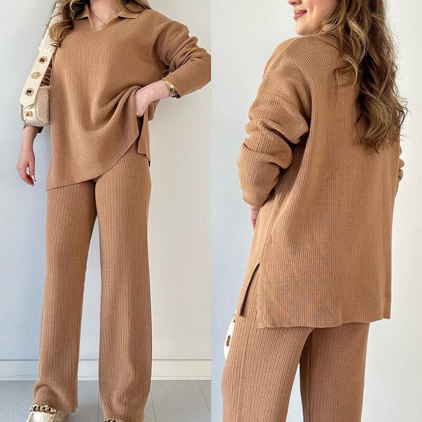 Ensemble de détente 2 pièces : pull en côtes et pantalon pour femmes - pour les sorties décontractées et la relaxation