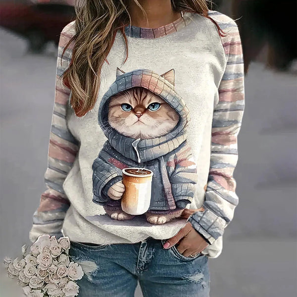 Sweat à imprimé graphique - hoodie douillet pour femmes avec design de chat