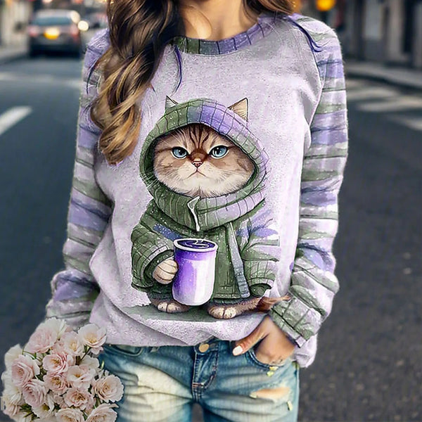 Sweat à imprimé graphique - hoodie douillet pour femmes avec design de chat