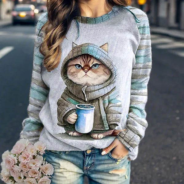 Sweat à imprimé graphique - hoodie douillet pour femmes avec design de chat