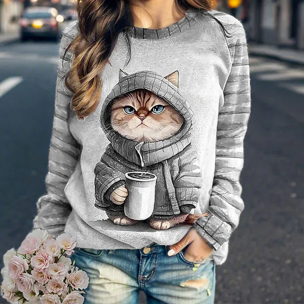 Sweat à imprimé graphique - hoodie douillet pour femmes avec design de chat