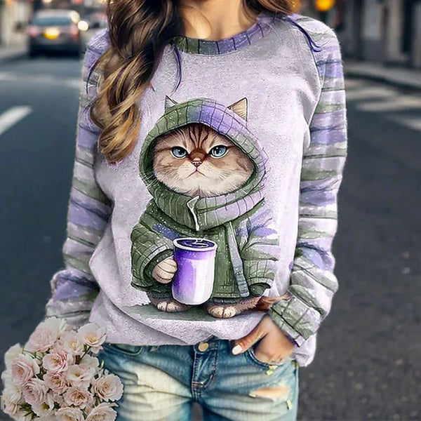 Sweat à imprimé graphique - hoodie douillet pour femmes avec design de chat