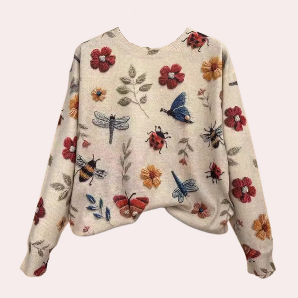 Sweatshirt brodé fleurs - pull tendance pour femmes avec abeilles et fleurs