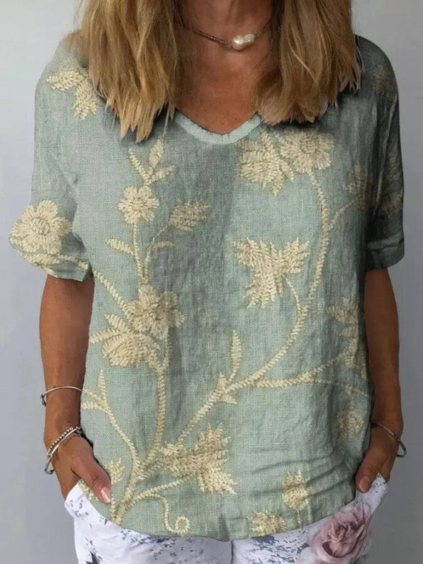 T-shirt brodé femme à coupe décontractée en lin doux gris - haut casual floral