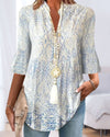 Blouse bohème pour femme avec imprimé floral bleu - haut élégant à manches 3/4 pour le quotidien