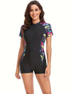 Maillot de bain noir à manches courtes zippé pour femmes - maillot de bain imprimé géométrique pour la piscine et la plage