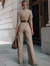 Combinaison femme taupe avec ceinture et blazer, coupe palazzo - tenue de bureau élégante