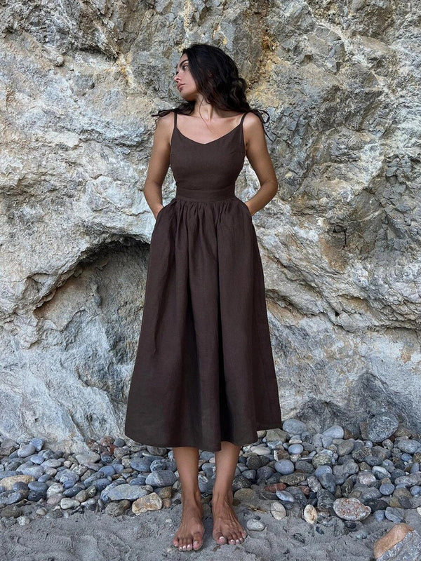 Robe midi décontractée pour femmes - beachwear en lin chic avec poches pour vos sorties d'été
