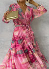 Robe maxi à imprimé floral pour femmes - élégante robe rose à manches longues pour vos sorties décontractées et soirées