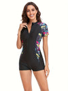 Maillot de bain noir à manches courtes zippé pour femmes - maillot de bain imprimé géométrique pour la piscine et la plage