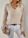 Pull en maille pour femmes avec un élégant col en v - pull léger à manches en dentelle pour une tenue décontractée