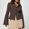 Chemisier côtelé pour femme – élégante blouse à manches longues marron pour le bureau – design chic à boutons pour un look smart casual