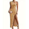 Robe de soirée pour femmes - élégante robe pailletée à épaule dénudée avec fente latérale - tenue formelle chic