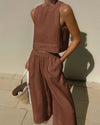 Ensemble 2 pièces femme en lin : top court et pantalon large pour un été stylé