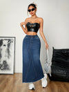 Jupe maxi en denim bleu pour femme - style décontracté et longueur longue avec ceinture élastique, parfaite pour le quotidien