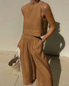 Ensemble 2 pièces femme en lin : top court et pantalon large pour un été stylé