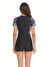 Maillot de bain noir à manches courtes zippé pour femmes - maillot de bain imprimé géométrique pour la piscine et la plage