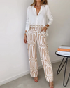Ensemble pantalon et blouse pour femmes - mélange luxueux de coton et lin pour des occasions décontractées ou habillées