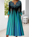 Robe midi femme élégante dégradé bleu avec manches 3/4 - design floral chic pour les occasions spéciales